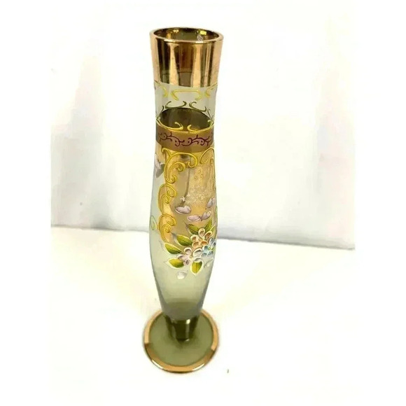 Antique Hand Painted Floral with Gold Trim Glass Bud Vase 8" - Picture 8 of 16